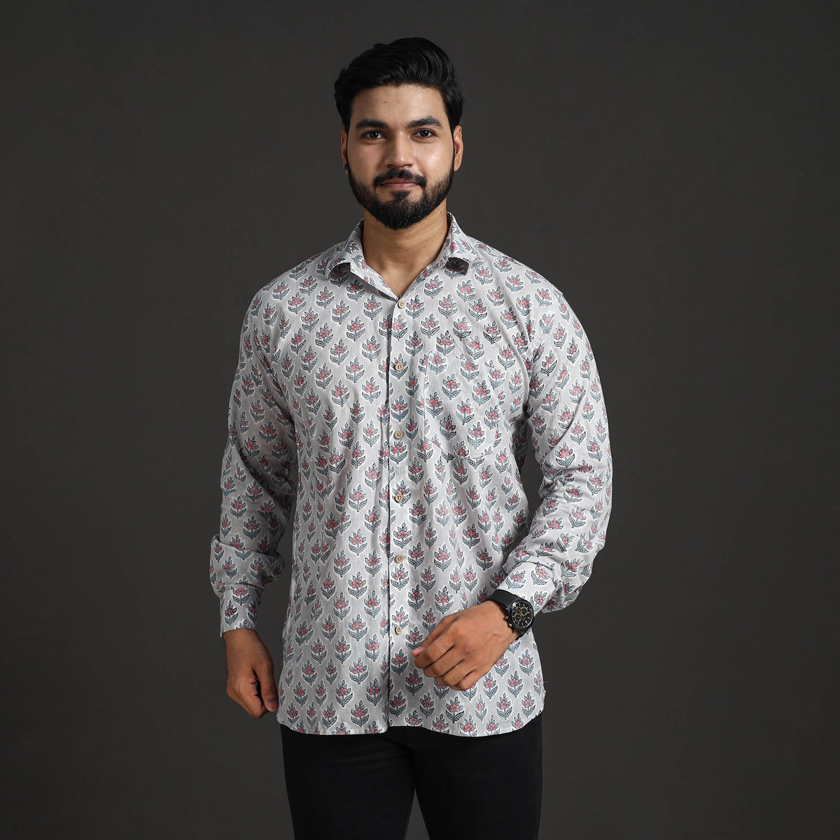 Grey - Sanganeri Block Printed Cotton Men Full Sleeve Shirt 10