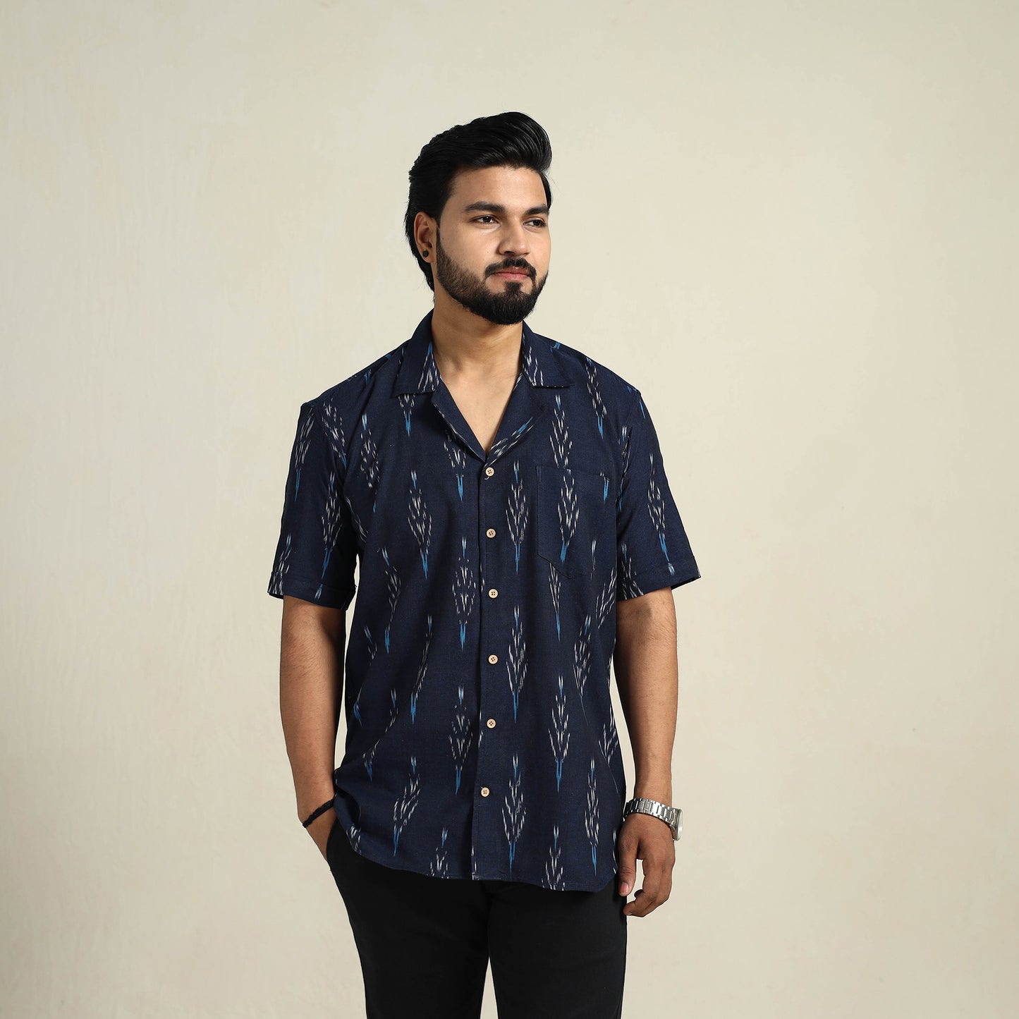 Blue - Half Sleeve Men Cotton Pochampally Ikat Shirt 03