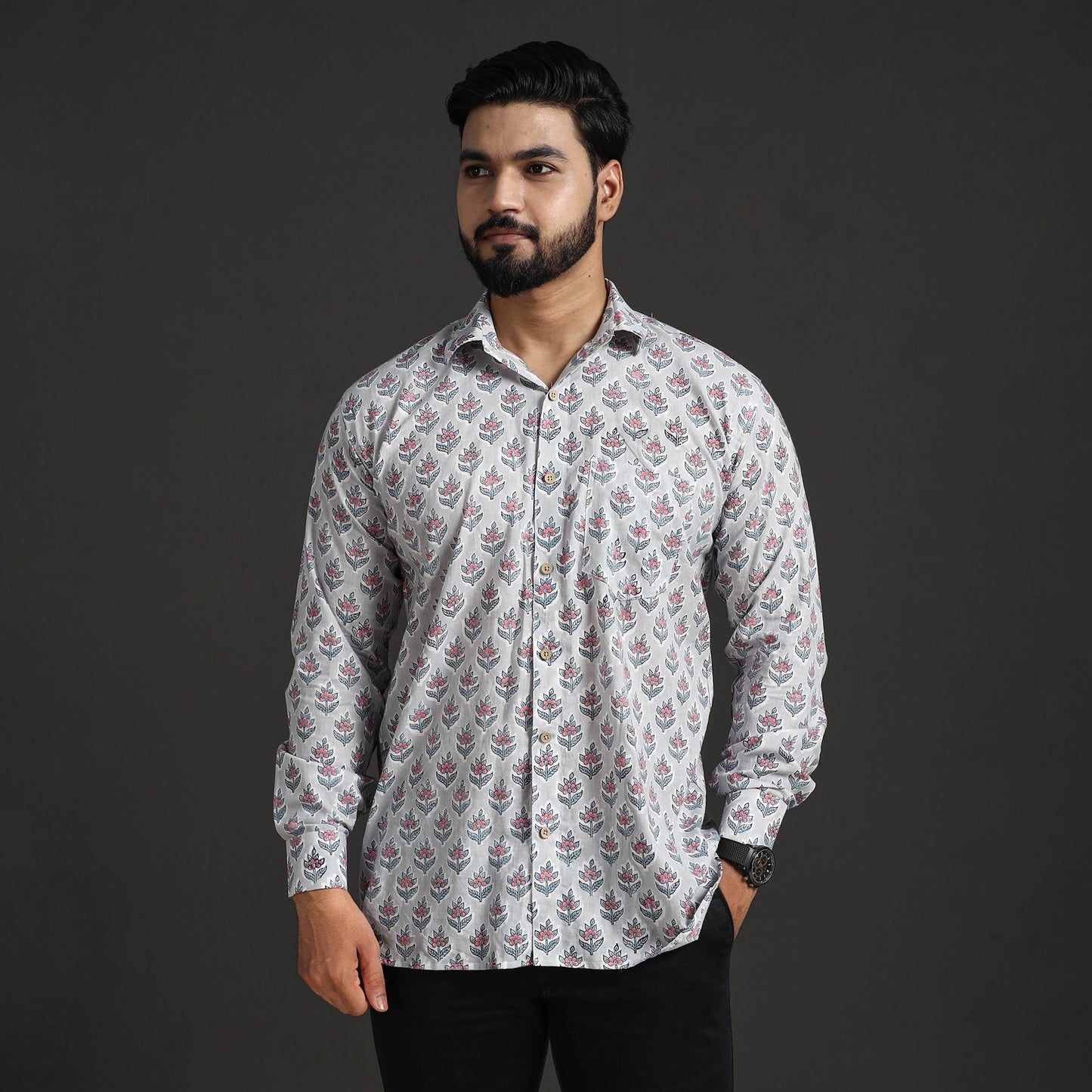 Grey - Sanganeri Block Printed Cotton Men Full Sleeve Shirt 10