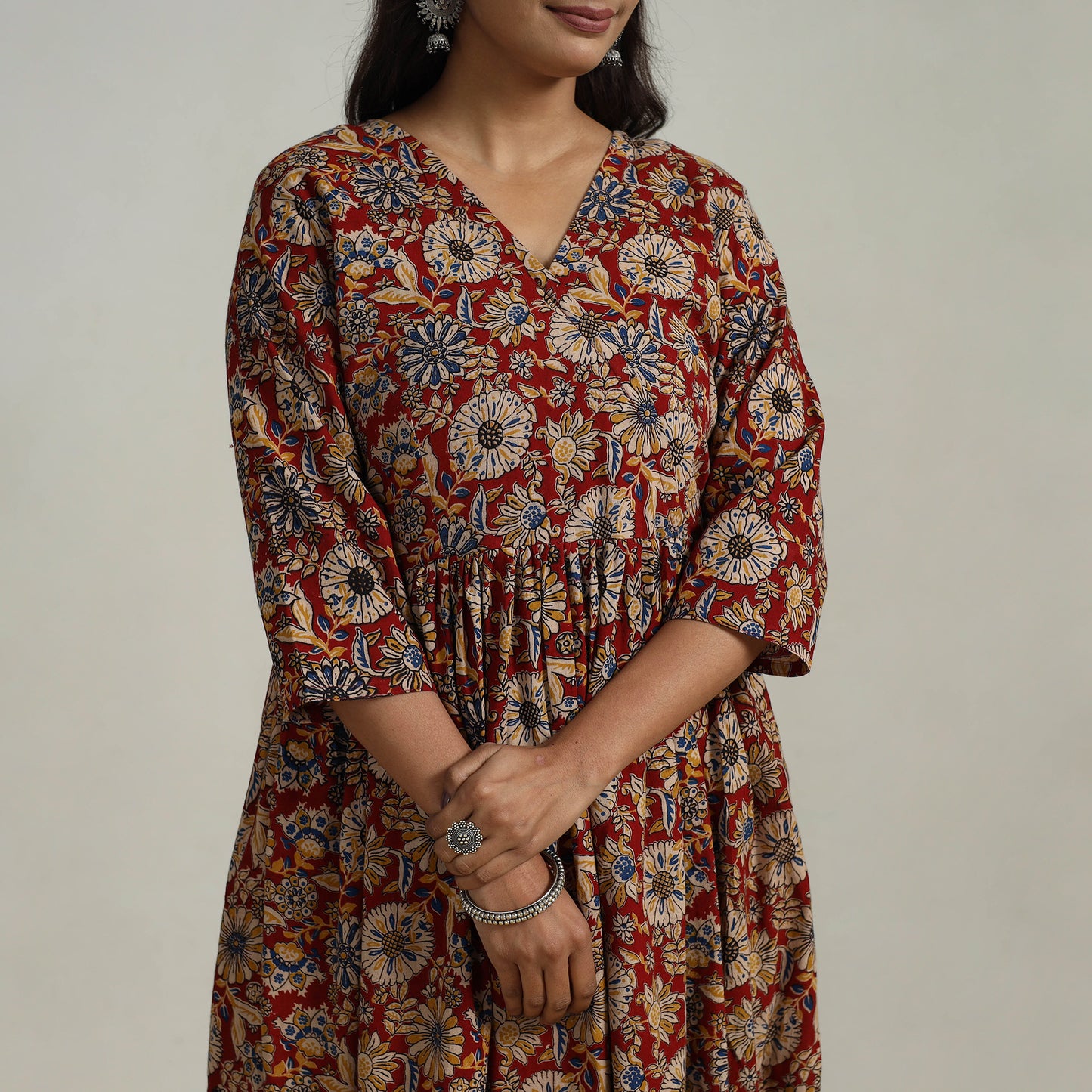 Red - Flared Cotton Block Print Kalamkari Kurta Set 11