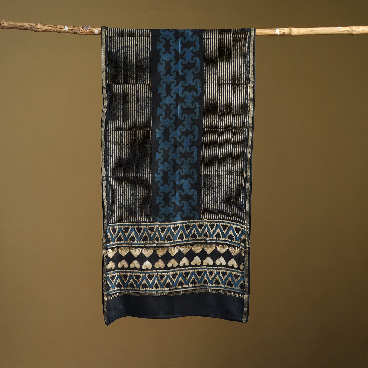 Black - Pipad Hand Block Print Natural Dyed Chanderi Silk Handloom Stole 09