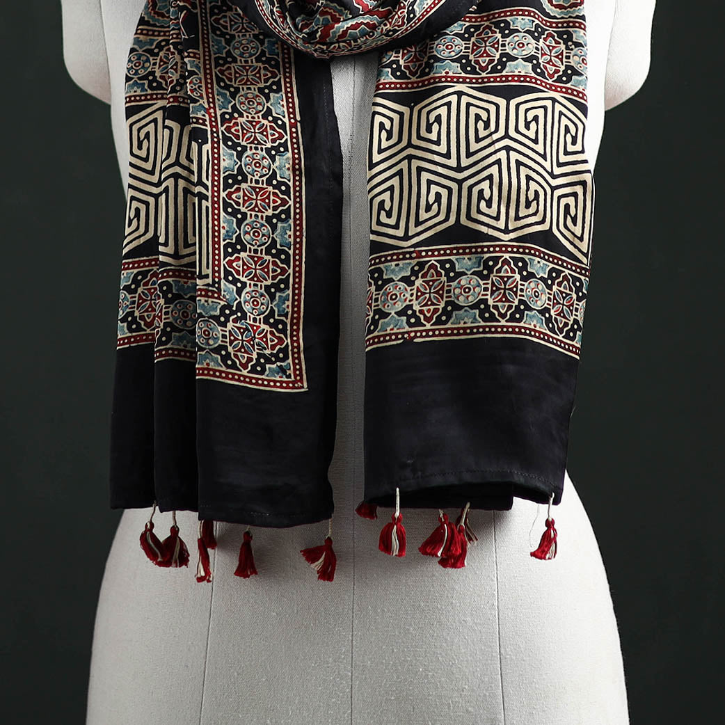 Modal Silk Ajrakh Hand Block Print Natural Dyed Stole 25