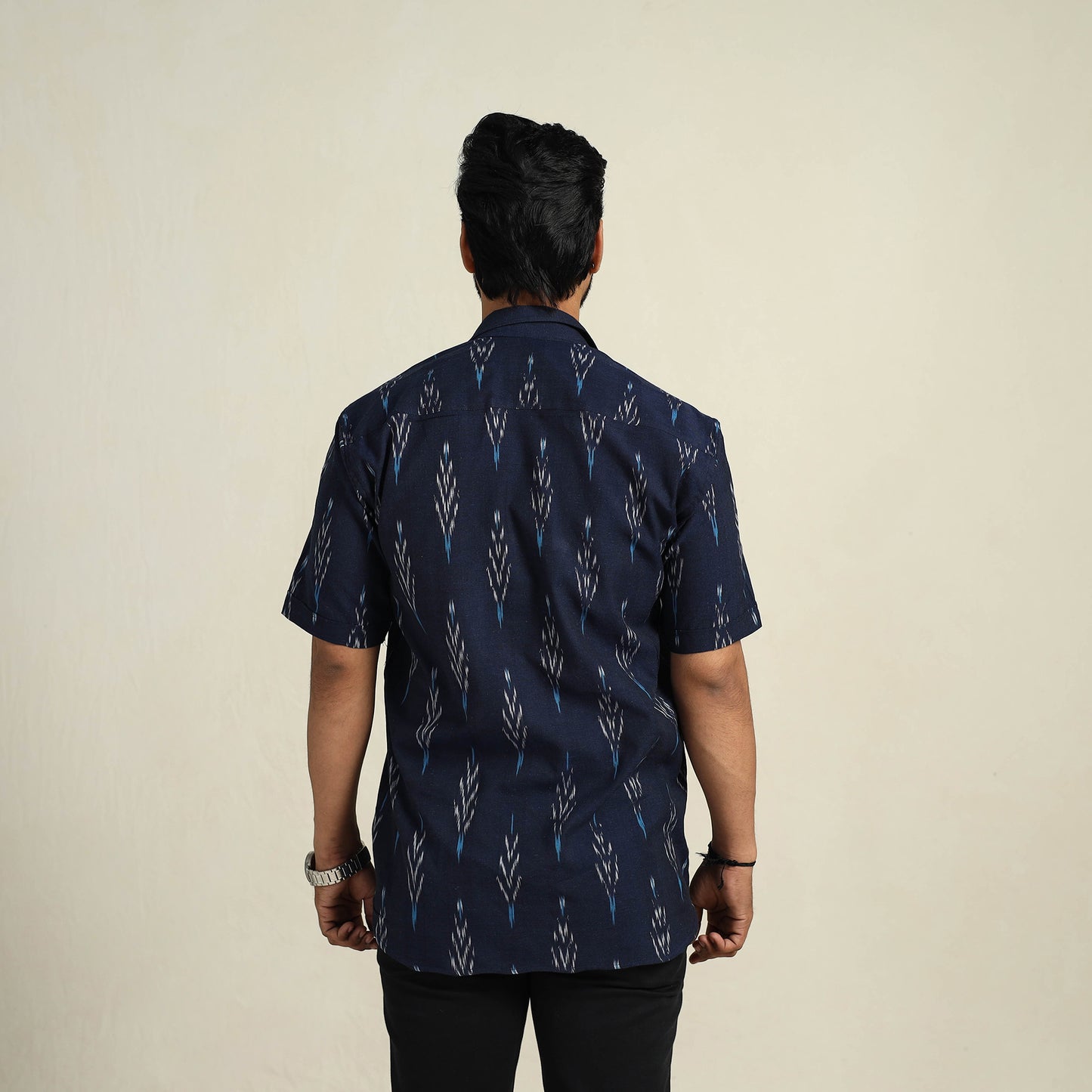 Blue - Half Sleeve Men Cotton Pochampally Ikat Shirt 03