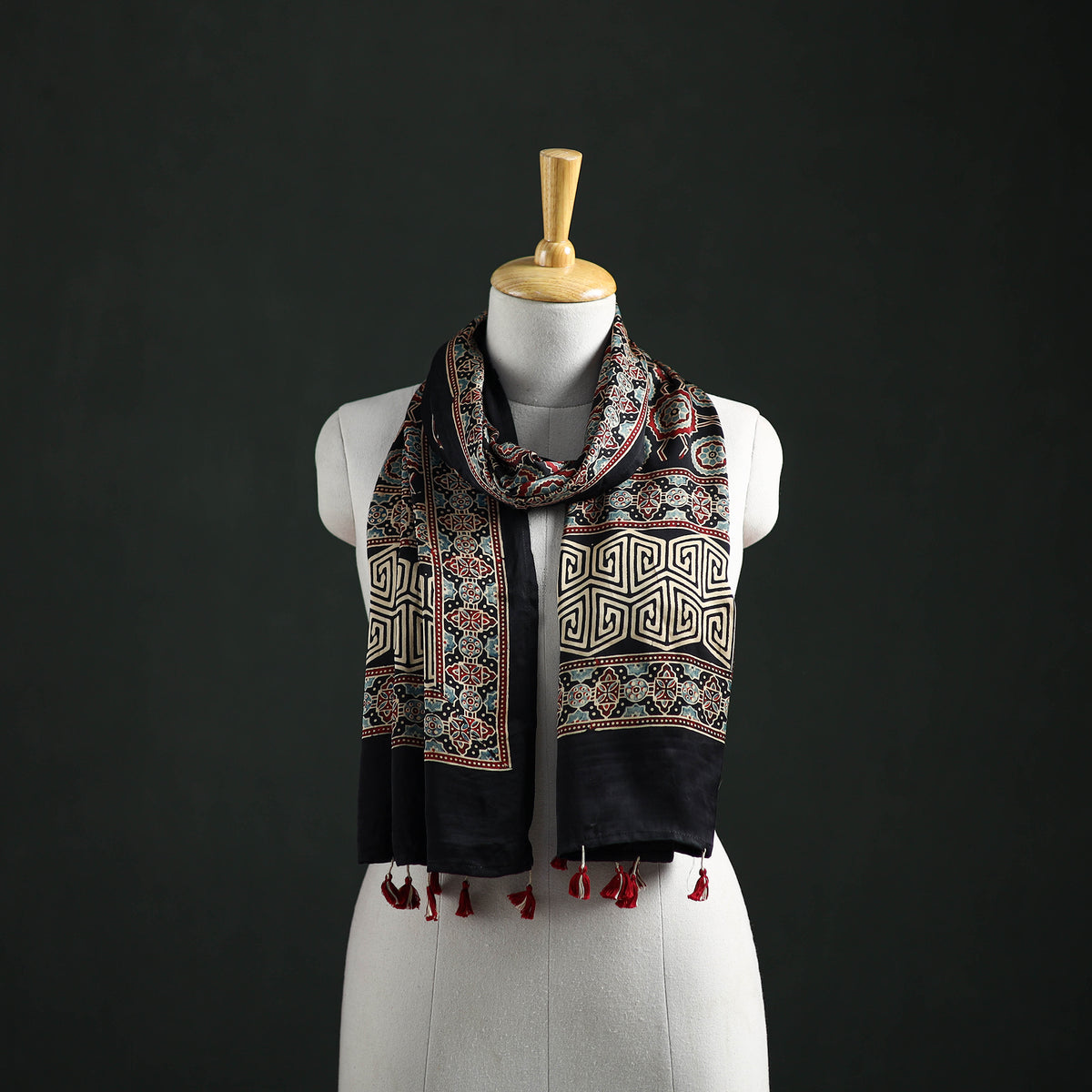Modal Silk Ajrakh Hand Block Print Natural Dyed Stole 25