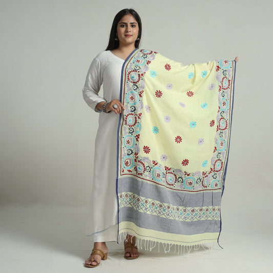 Yellow - Bengal Kantha Embroidery Cotton Handloom Dupatta 98