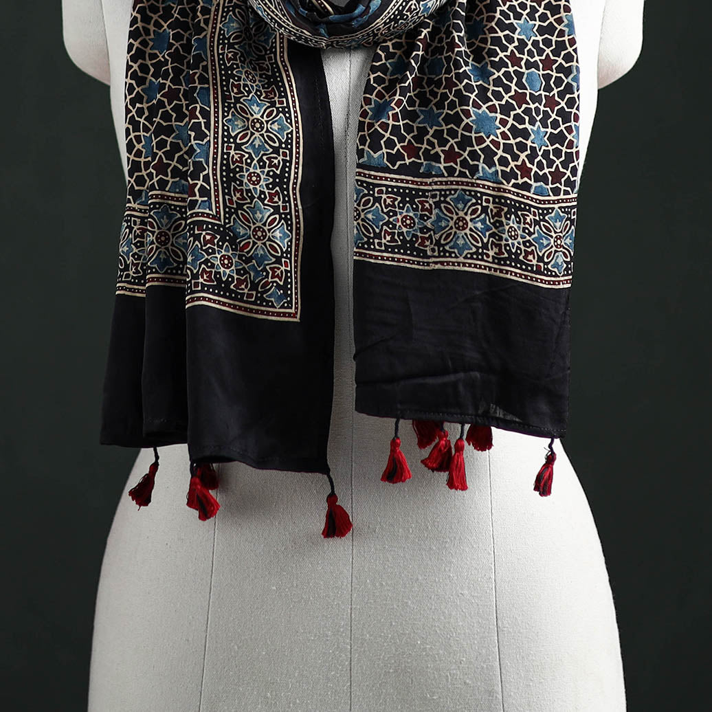 Modal Silk Ajrakh Hand Block Print Natural Dyed Stole 26