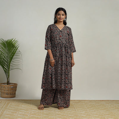 Black - Flared Cotton Block Print Kalamkari Kurta Set 13