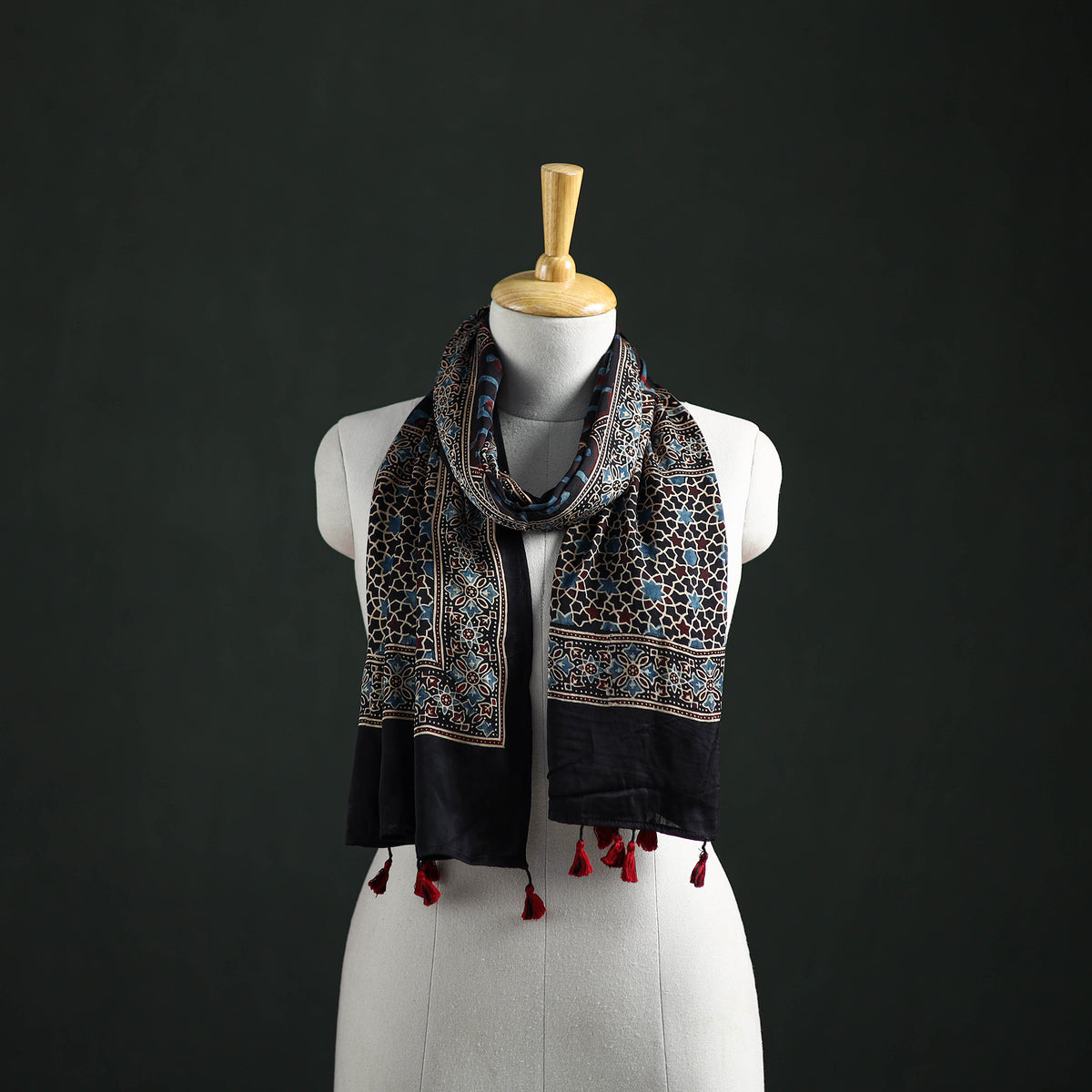 Modal Silk Ajrakh Hand Block Print Natural Dyed Stole 26