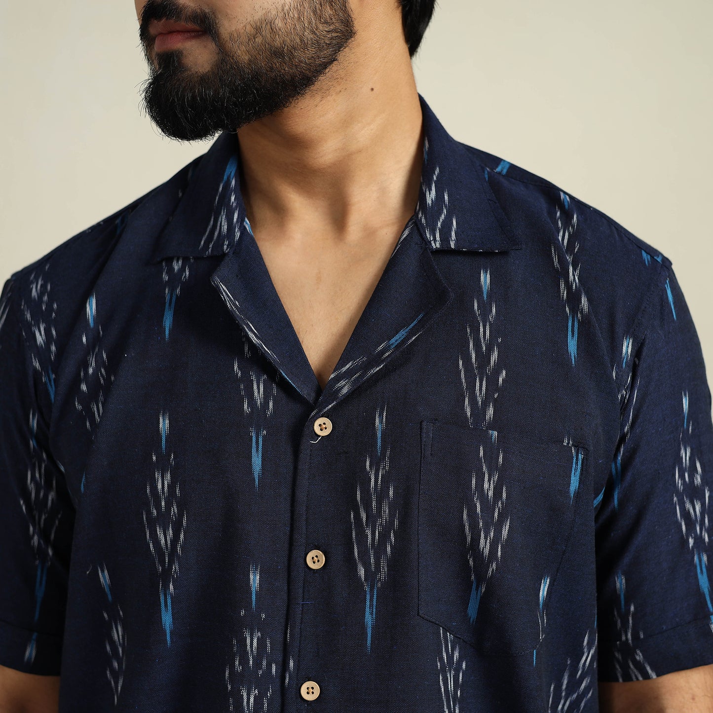Blue - Half Sleeve Men Cotton Pochampally Ikat Shirt 03