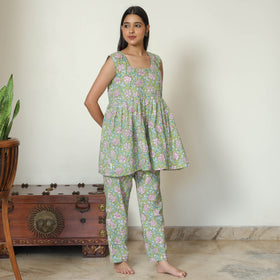Green - Sanganeri Block Printed Cotton Night Suit Set 22