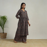 Black - Flared Cotton Block Print Kalamkari Kurta Set 13