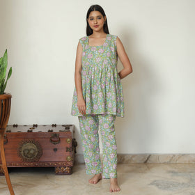 Green - Sanganeri Block Printed Cotton Night Suit Set 22