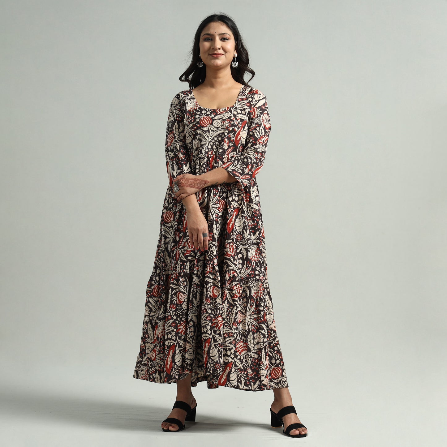 Black - Kalamkari Printed Tiered Cotton Dress