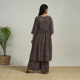 Buy Black Flared Cotton Block Print Kalamkari Kurta Set