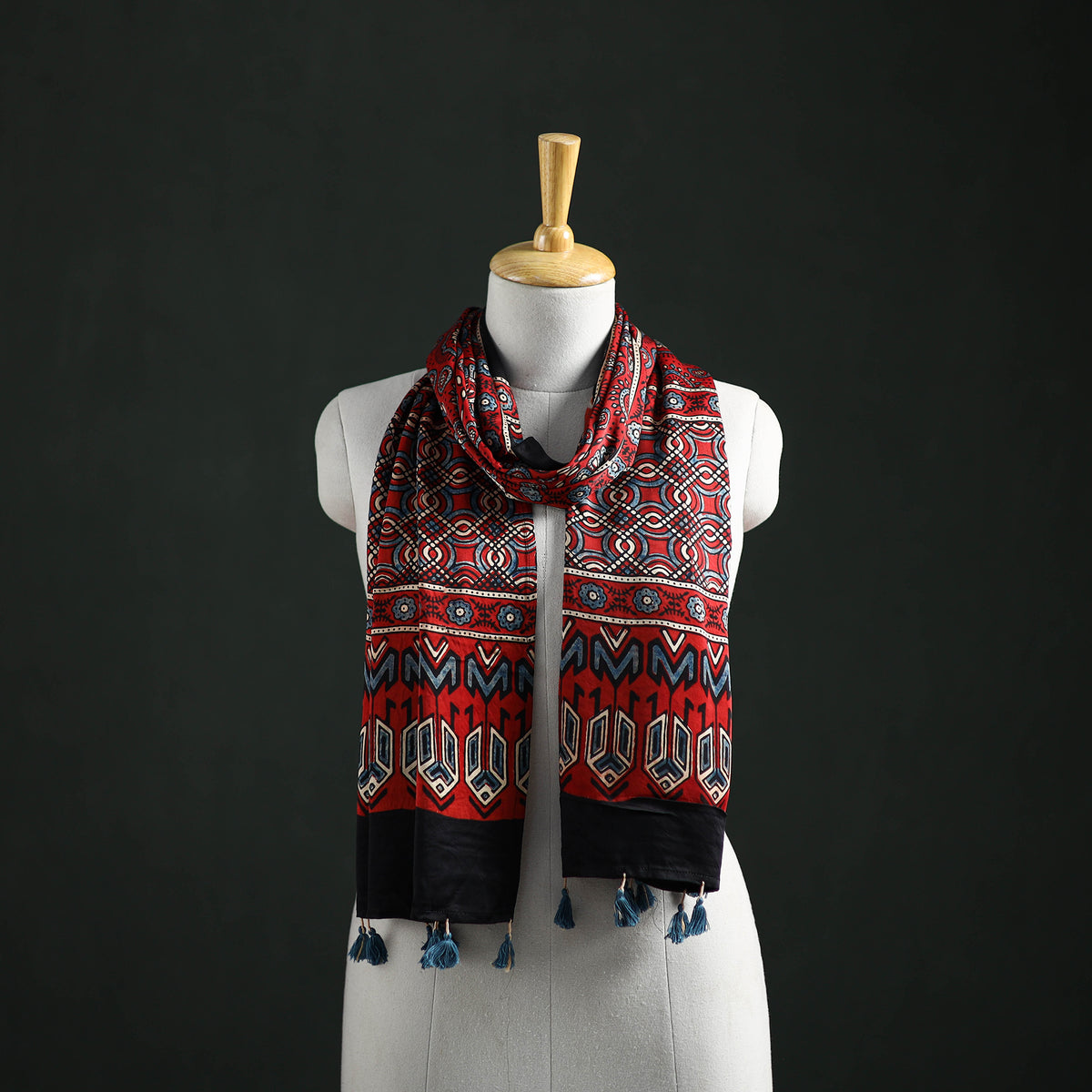Modal Silk Ajrakh Hand Block Print Natural Dyed Stole 28
