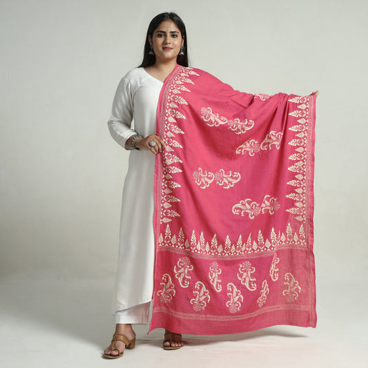 Pink - Bengal Kantha Embroidery Cotton Handloom Dupatta 99