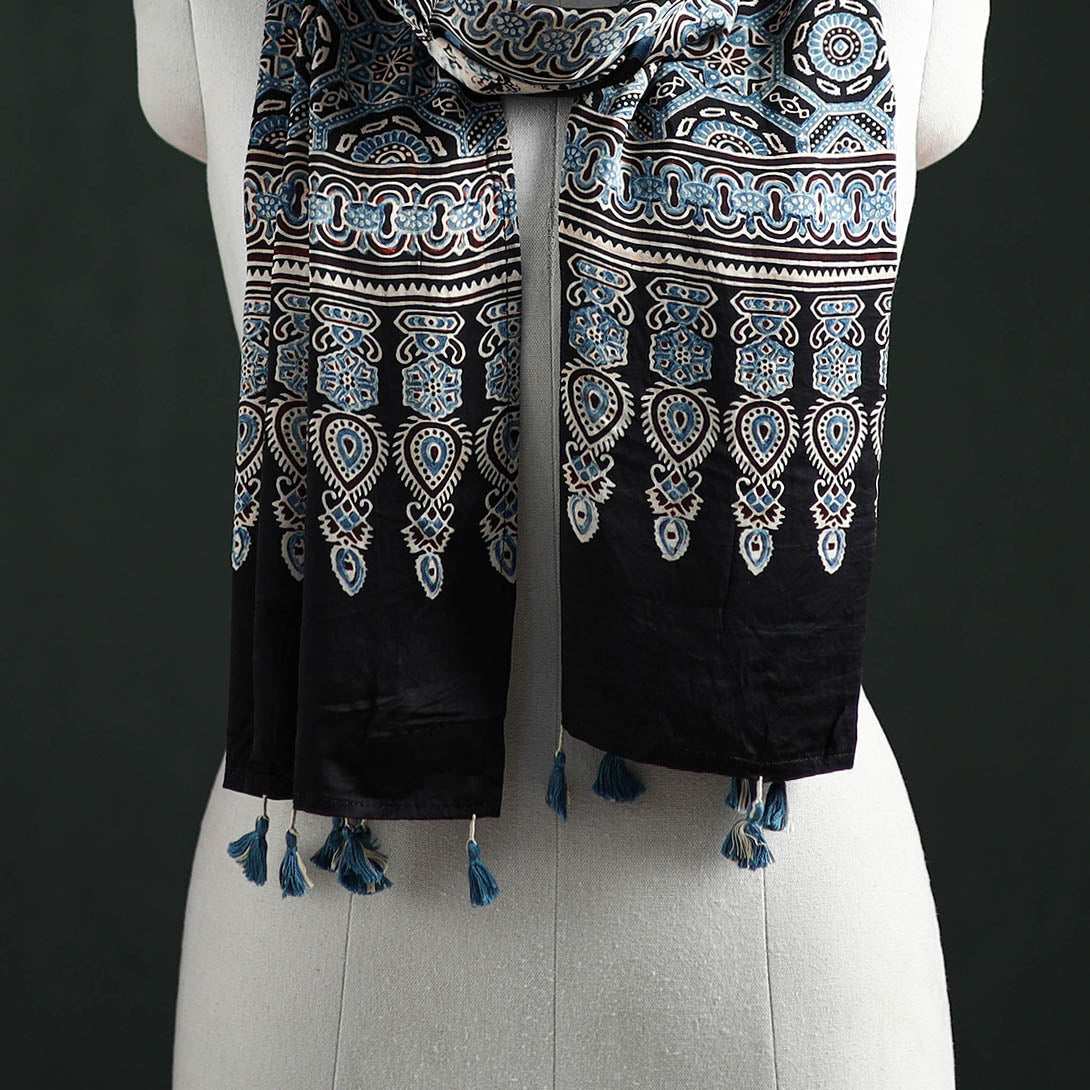 Modal Silk Ajrakh Hand Block Print Natural Dyed Stole 29