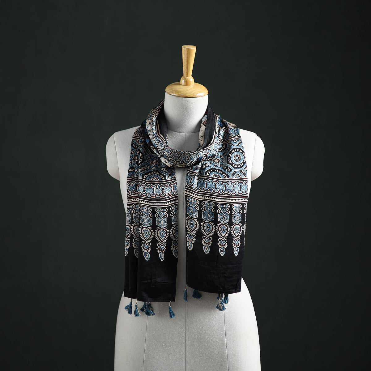 Modal Silk Ajrakh Hand Block Print Natural Dyed Stole 29