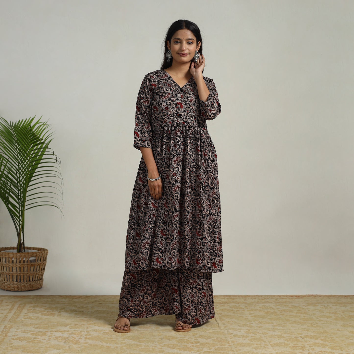 Black - Flared Cotton Block Print Kalamkari Kurta Set 13