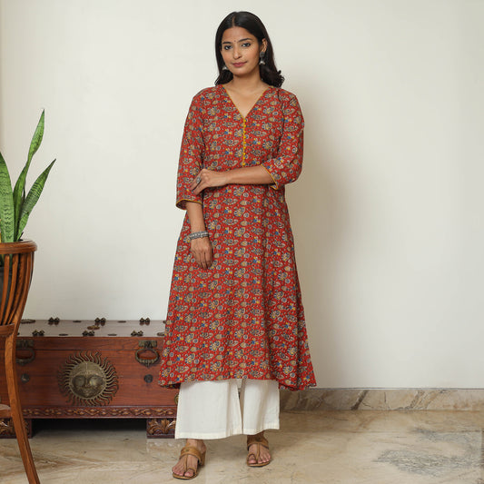 Red - Kalamkari Printed Cotton A-Line Kurta 20