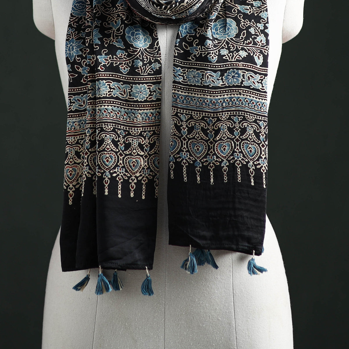 Modal Silk Ajrakh Hand Block Print Natural Dyed Stole 31