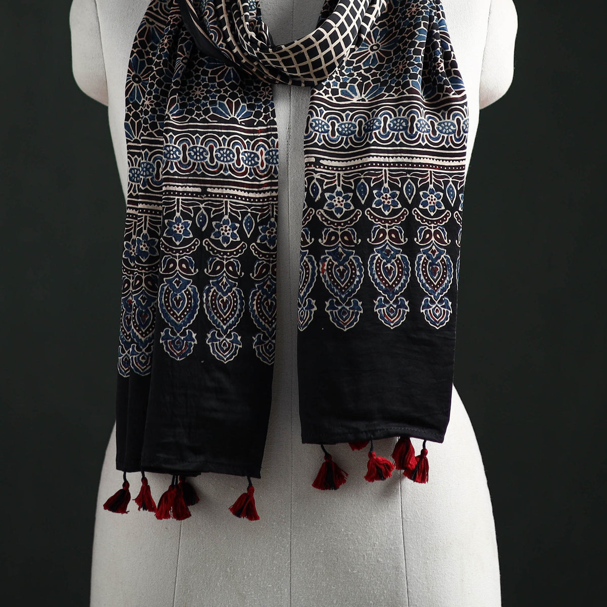 Modal Silk Ajrakh Hand Block Print Natural Dyed Stole 32
