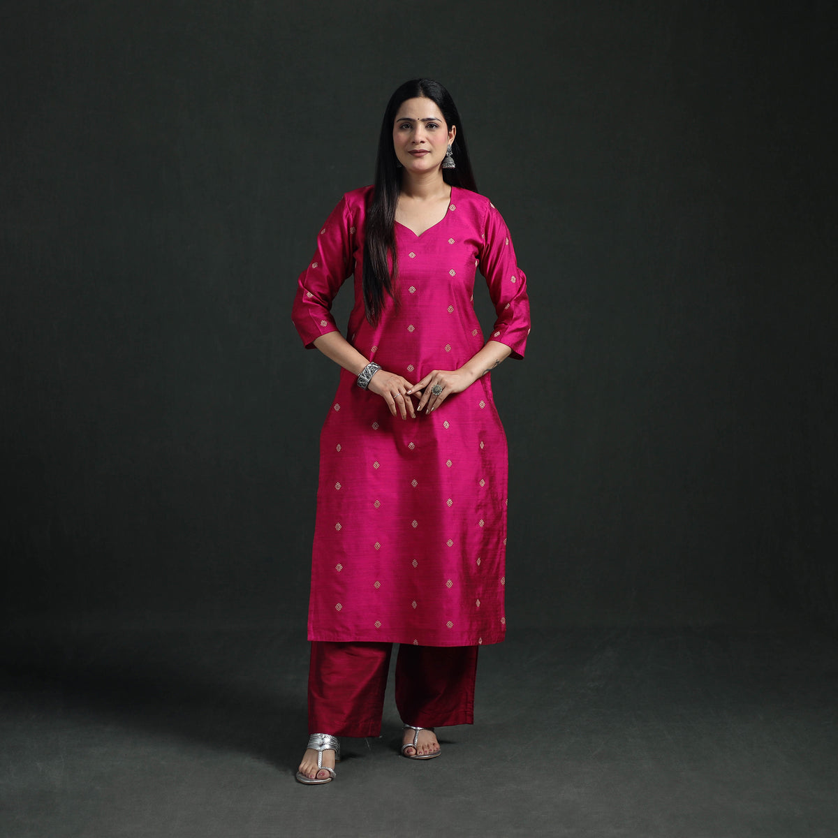 Spun Dupion Viscose Silk Thread Buti Straight Kurta with Palazzo Set for women 01