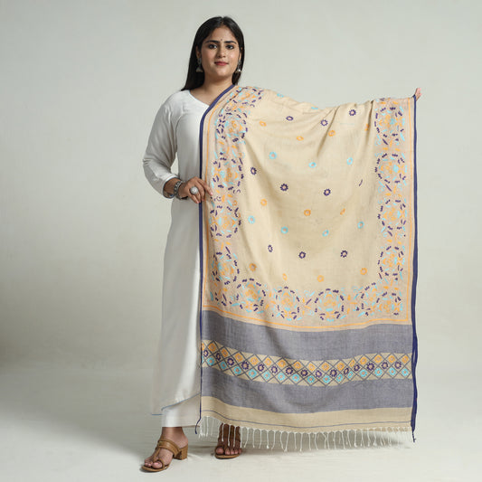 Beige - Bengal Kantha Embroidery Cotton Handloom Dupatta 100