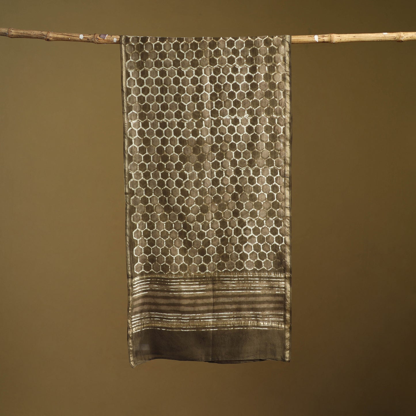 Brown - Pipad Hand Block Print Natural Dyed Chanderi Silk Handloom Stole 17
