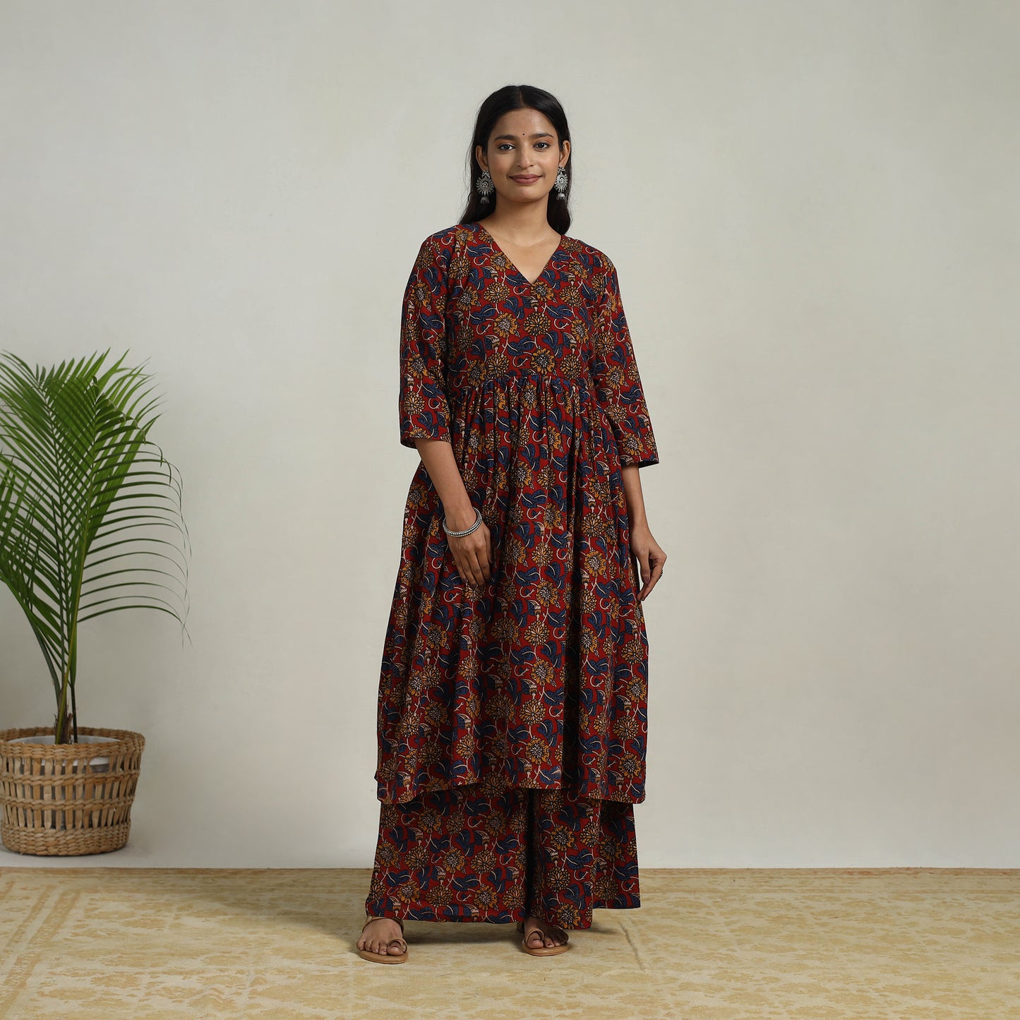 Red - Flared Cotton Block Print Kalamkari Kurta Set 19