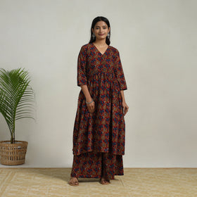 Buy Red Flared Cotton Block Print Kalamkari Kurta Set