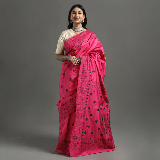 Pink - Bengal Nakshi Kantha Embroidery Silk Saree