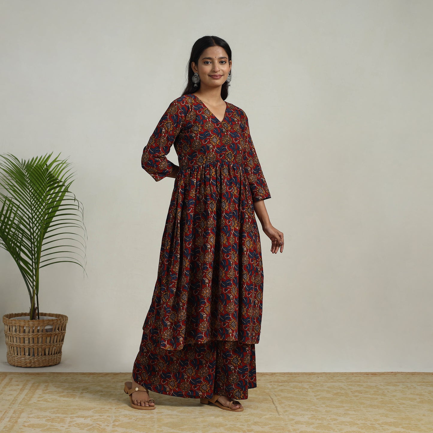 Red - Flared Cotton Block Print Kalamkari Kurta Set 19