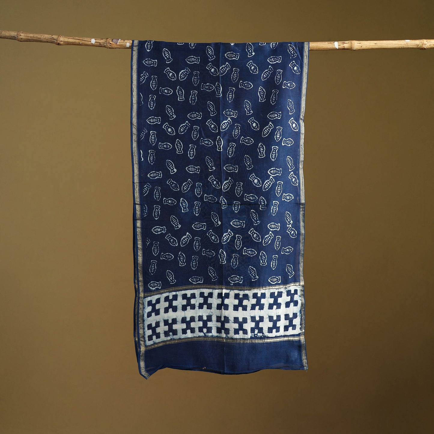 Blue - Pipad Hand Block Print Natural Dyed Chanderi Silk Handloom Stole 18