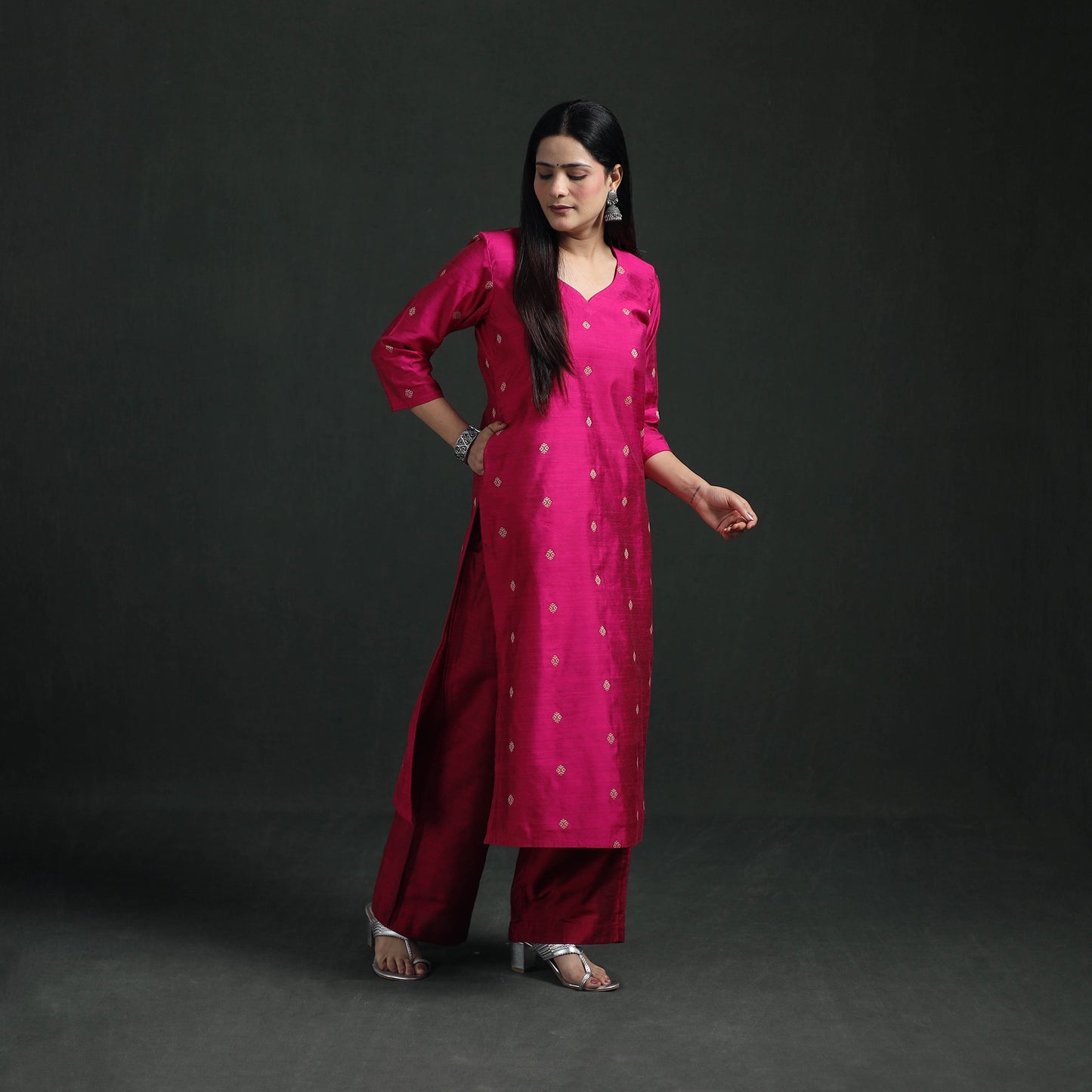 Spun Dupion Viscose Silk Thread Buti Straight Kurta with Palazzo Set for women 01