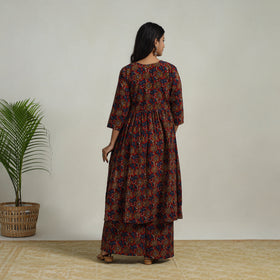 Buy Red Flared Cotton Block Print Kalamkari Kurta Set