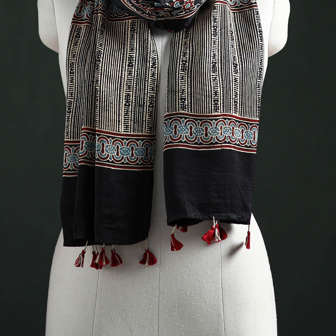 Modal Silk Ajrakh Hand Block Print Natural Dyed Stole 35