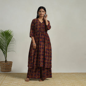 Buy Red Flared Cotton Block Print Kalamkari Kurta Set