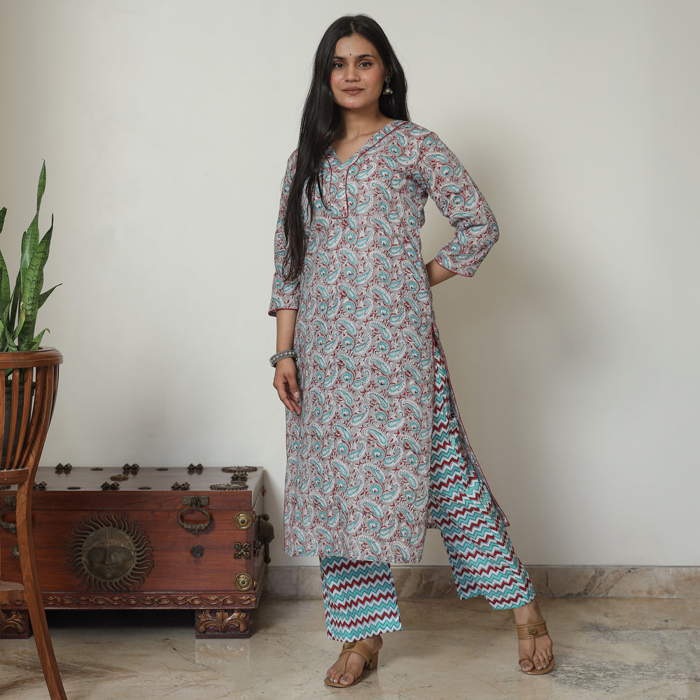 Grey - Sanganeri Block Printed Cotton Kurta with Palazzo Set 04