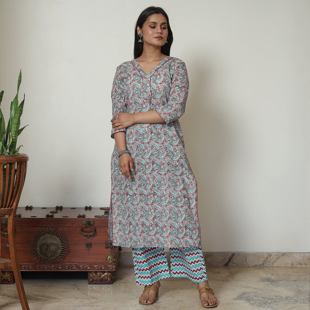 Grey - Sanganeri Block Printed Cotton Kurta with Palazzo Set 04