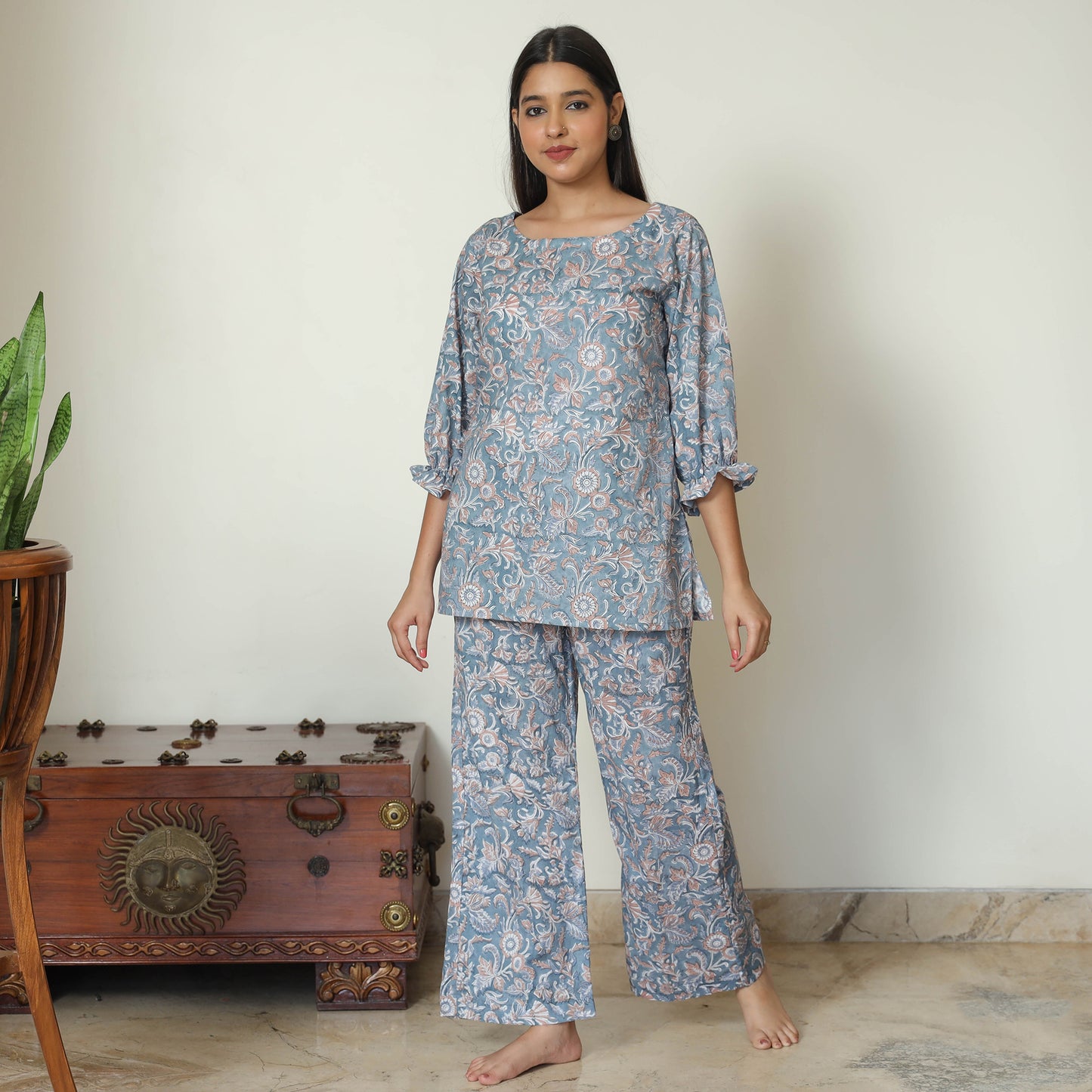 Blue - Sanganeri Block Printed Cotton Night Suit Set 19