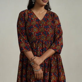 Buy Red Flared Cotton Block Print Kalamkari Kurta Set