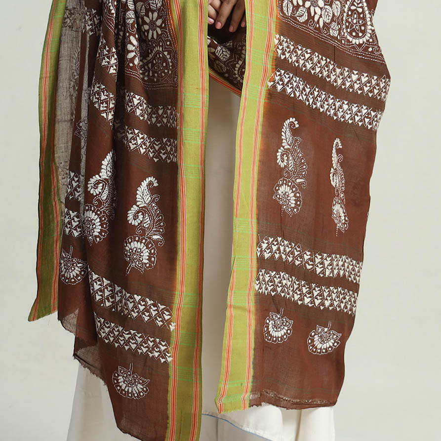 Brown - Bengal Kantha Embroidery Cotton Handloom Dupatta 101