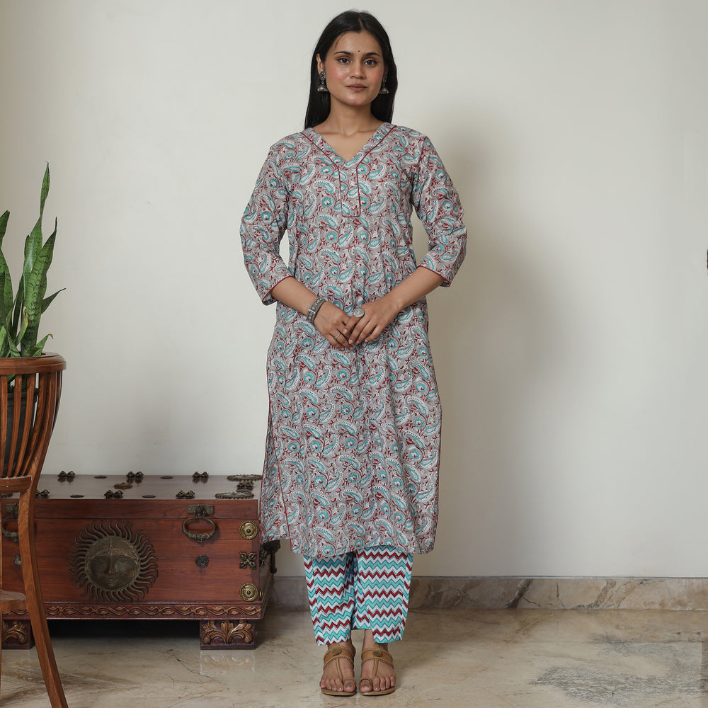 Grey - Sanganeri Block Printed Cotton Kurta with Palazzo Set 04