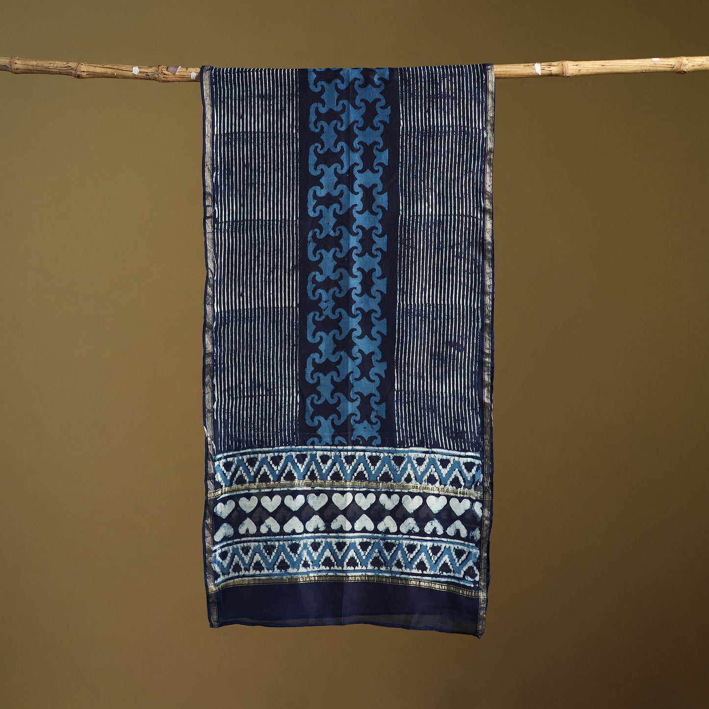 Blue - Pipad Hand Block Print Natural Dyed Chanderi Silk Handloom Stole 21