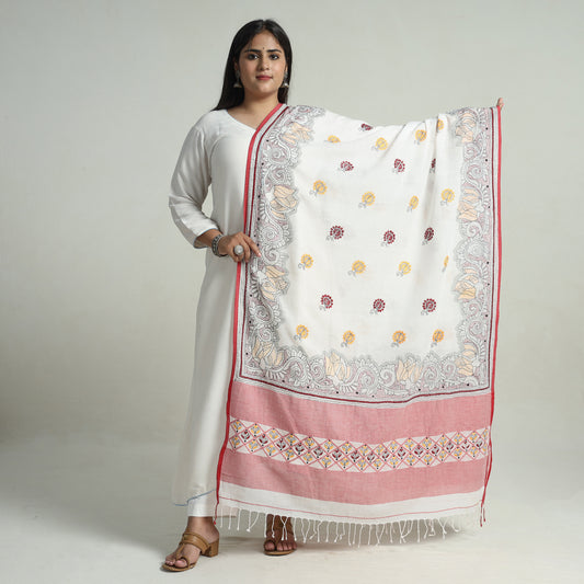 White - Bengal Kantha Embroidery Cotton Handloom Dupatta 102