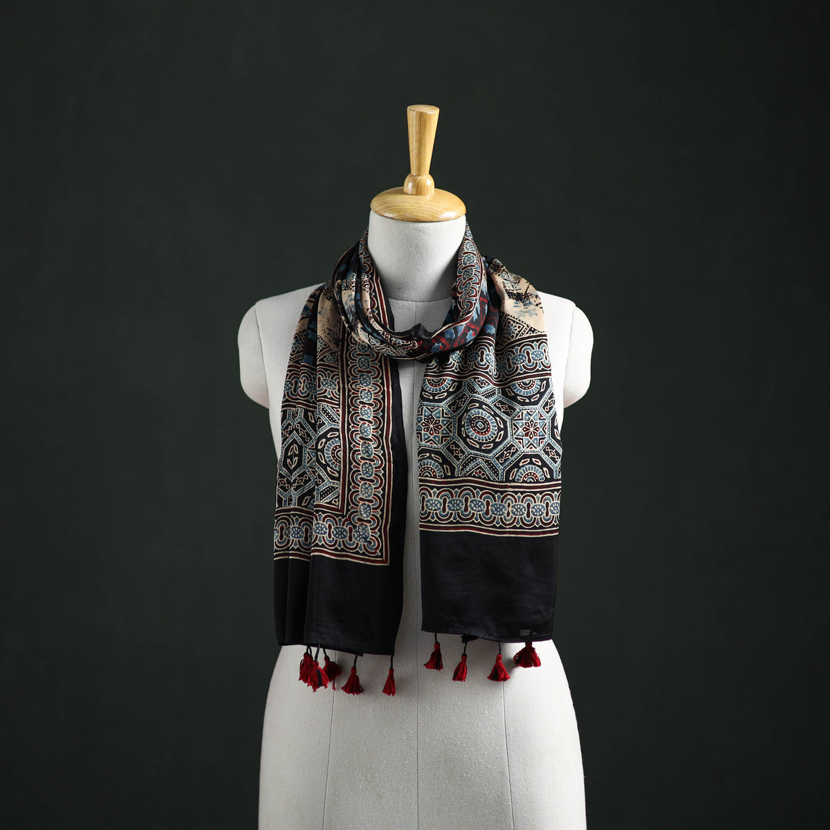 Modal Silk Ajrakh Hand Block Print Natural Dyed Stole 38