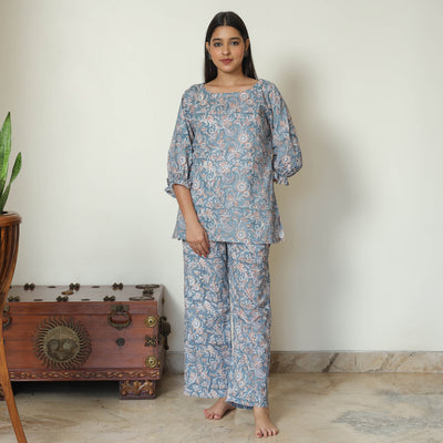 Blue - Sanganeri Block Printed Cotton Night Suit Set 19