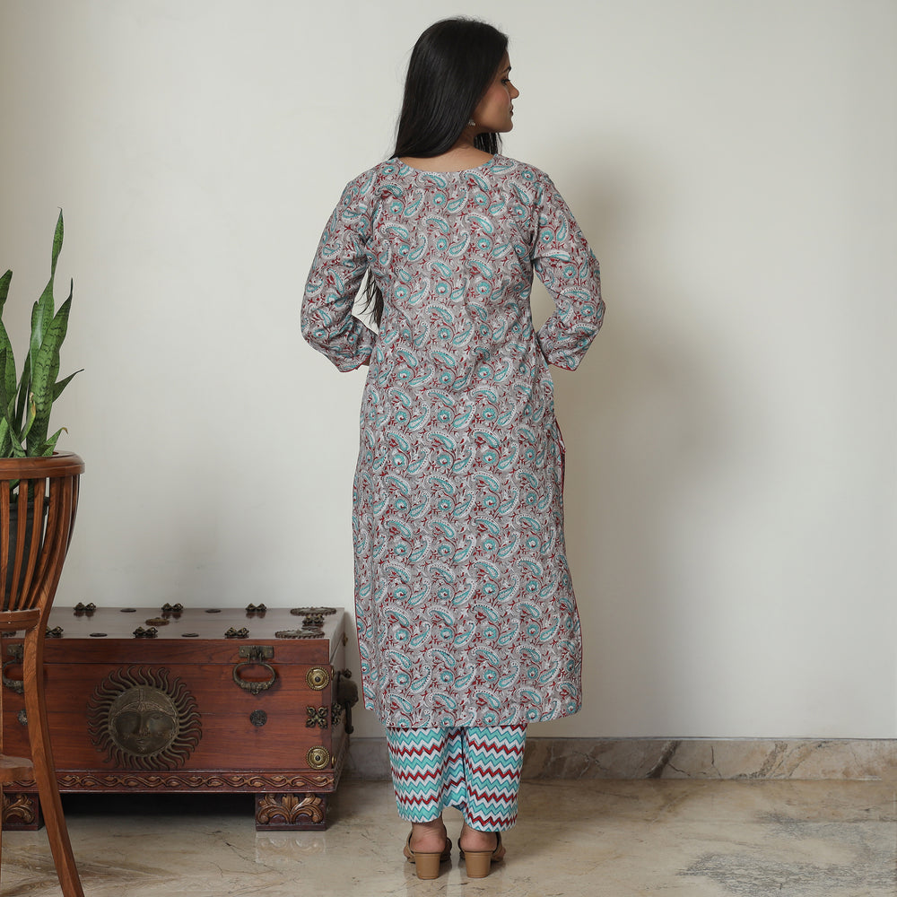 Grey - Sanganeri Block Printed Cotton Kurta with Palazzo Set 04