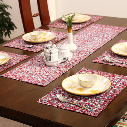 Ajrakh Applique Cut Work Cotton Table Runner with Mats (set of 6)